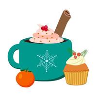 bebidas quentes de inverno. caneca com creme, tangerina, cupcake com creme e frutas. ilustração vetorial. isolado no fundo branco. modelo de cartão de férias. vetor