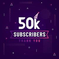 obrigado 50k assinantes, 50.000 assinantes celebração design colorido moderno. vetor