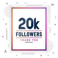 obrigado 20k seguidores, 20.000 seguidores celebração design colorido moderno. vetor