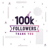 obrigado 100k seguidores, 100.000 seguidores celebração design colorido moderno. vetor