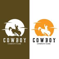 homem cowboy andando a cavalo poderosamente silhueta ao pôr do sol, design de logotipo de ícone vetor