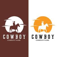 homem cowboy andando a cavalo poderosamente silhueta ao pôr do sol, design de logotipo de ícone vetor