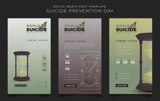 conjunto de modelo de postagem de mídia social com ilustração de temporizador de areia para design de dia de prevenção de suicídio
