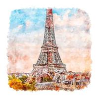 torre eiffel paris frança esboço em aquarela ilustração desenhada à mão vetor