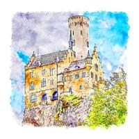 castelo de lichtenstein, alemanha, esboço em aquarela, ilustração desenhada à mão vetor