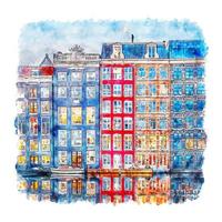 amsterdã holanda desenho aquarela ilustração desenhada à mão vetor