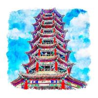 zhengding cidade china esboço em aquarela ilustração desenhada à mão vetor