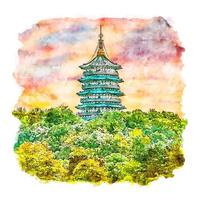 natureza pagode china esboço em aquarela ilustração desenhada à mão vetor