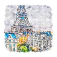 torre eiffel paris frança esboço em aquarela ilustração desenhada à mão vetor