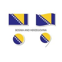 conjunto de ícones do logotipo da bandeira da bósnia e herzegovina, ícones planos retângulo, forma circular, marcador com bandeiras. vetor