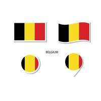 conjunto de ícones do logotipo da bandeira da Bélgica, ícones planos retângulo, forma circular, marcador com bandeiras. vetor