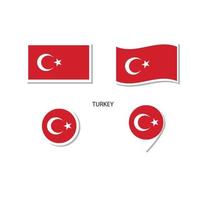 conjunto de ícones do logotipo da bandeira da Turquia, ícones planos retângulo, forma circular, marcador com bandeiras. vetor