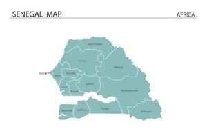 ilustração em vetor mapa senegal sobre fundo branco. mapa tem todas as províncias e marca a capital do senegal.