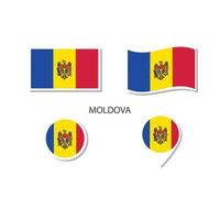conjunto de ícones do logotipo da bandeira da Moldávia, ícones planos retângulo, forma circular, marcador com bandeiras. vetor