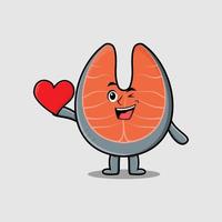 bonito desenho animado salmão fresco segurando grande coração vermelho vetor