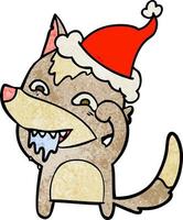 desenho texturizado de um lobo faminto usando chapéu de papai noel vetor