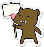 adesivo de um desenho animado de urso bravo protestando vetor
