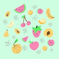 ilustração de frutas doodle. frutas tropicais naturais. maçã desenhada à mão, pêra, pêssego, banana, morango, laranja. desenhos para pôster, cartão ou plano de fundo vetor