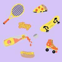 conjunto de elementos retrô legais - skate, patins, raquete de tênis, pizza, cachorro-quente, ketchup. fundo na moda hipster vetor