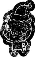 ícone angustiado dos desenhos animados de um porco chorando usando chapéu de papai noel vetor