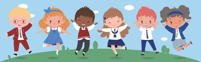01 crianças em diferentes estilos de uniformes estudantis pulando alegremente vetor