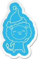 adesivo de desenho animado de um leão usando chapéu de papai noel vetor