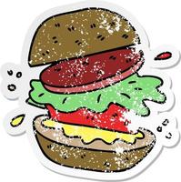 adesivo angustiado de um hambúrguer vegetariano de desenho animado desenhado à mão peculiar vetor
