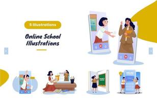 pacote de ilustração de escola online de design plano vetor