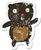adesivo retrô angustiado de um filhote de urso preto de desenho animado vetor