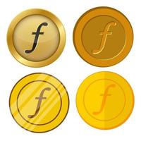 quatro moedas de ouro de estilo diferente com conjunto de vetores de símbolo de moeda florim