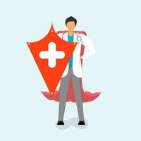 médico herói e manto vermelho ficam com a mão direita segurando um escudo. ilustração em vetor plana dos desenhos animados. ilustração médica e de saúde