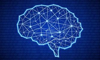 linhas de neon em fundo de código binário. cérebro de polígono. modelo abstrato de inteligência artificial. conceito de ilustração vetorial de tecnologia, engenharia, aprendizagem, negócios e ciência. vetor