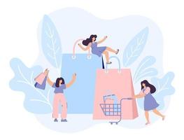 vendas durante as compras e conceito de compra pessoas pequenas. personagens planas de mulheres jovens felizes rolando sacolas de compras cheias de compras com desconto ilustração vetorial de compras sexta-feira negra plana vetor