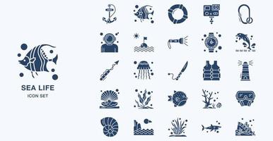 conjunto de ícones sólidos de vida marinha vetor