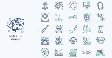 conjunto de ícones coloridos de contorno de vida marinha vetor