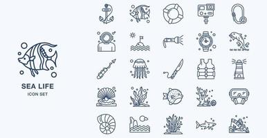 conjunto de ícones de contorno de vida marinha vetor