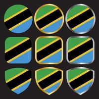 conjunto de ícones de vetor de bandeira da tanzânia com borda de ouro e prata
