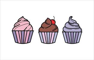 três ilustrações de cores pastel de cupcake vetor