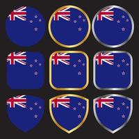 ícone de vetor de bandeira da nova zelândia conjunto com borda de ouro e prata
