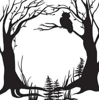 ilustração em vetor preto e branco, quadro. floresta fabulosa e mágica. silhueta de árvores, ervas, silhueta de uma coruja sentada em uma árvore. projeto para o dia das bruxas. moldura para cartões, livros.