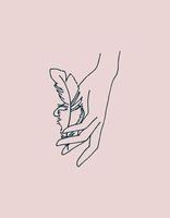 ilustração em vetor de uma mão com uma pena de pássaro. desenho de linha isolado no fundo rosa. símbolo de cuidados com o corpo, cuidados com a pele.