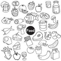 ilustração em vetor doodle dos desenhos animados. conjunto de itens alimentares. comida fofa, fast food, bebidas ícones isolados no fundo branco. clipart de carne, peixe, laticínios, sobremesas, legumes e frutas