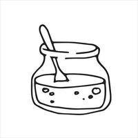 ilustração vetorial em estilo doodle. pote de geléia, geléia. desenho simples de sobremesa doce de geléia de morango. desenho de linha preto e branco vetor