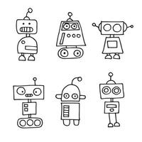 desenho vetorial em estilo doodle. conjunto de robôs fofos. desenho de linha infantil. robôs engraçados vetor