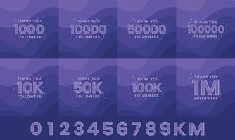obrigado seguidores pacote de cartão de saudação. obrigado 1000, 1k, 10000, 10k, 50k, 1m seguidores celebração design de pacote de mídia social.