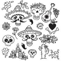 desenho vetorial em estilo doodle. conjunto de desenhos engraçados dia dos mortos no méxico. caveiras pintadas alegres em um sombrero. o dia de muertos vetor