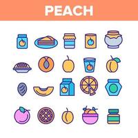 conjunto de ícones de elementos de cor de frutas de pêssego vetor