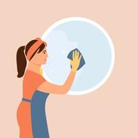 mulher em luvas com guardanapo lava espelho no banheiro ou corredor serviço de limpeza conceito de rotina diária ilustração em estilo simples vetor