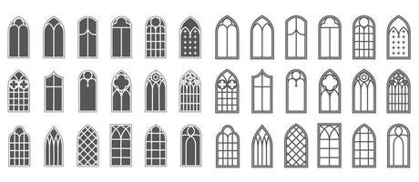 conjunto de janelas da igreja. silhuetas de arcos góticos em estilo clássico de linha e glifo. molduras de vidro da antiga catedral. elementos interiores medievais. vetor