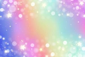 fundo de brilho de arco-íris de unicórnio com brilhos em tons pastel. design de aquarela iridescente. holograma gradiente com estrelas e bokeh. ilustração vetorial. vetor